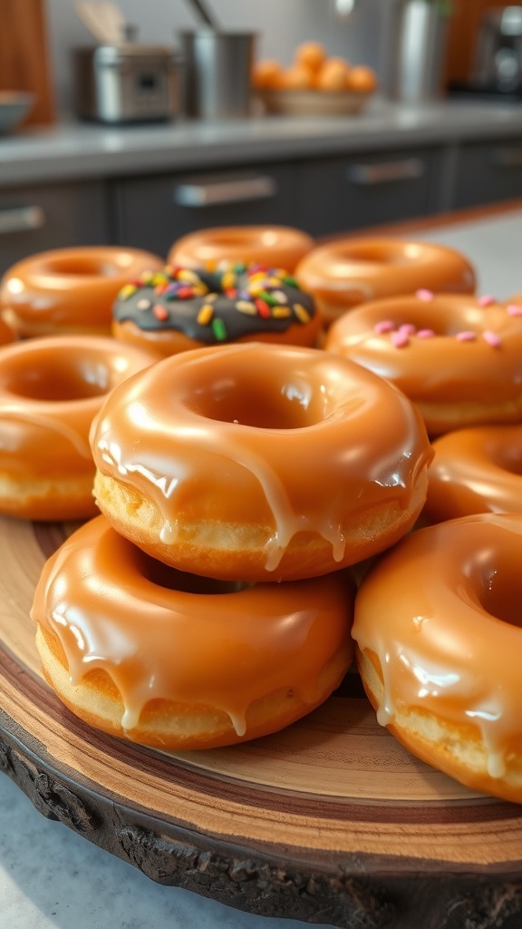 Freshly made glazed donuts on a wooden platter, some with colorful toppings.